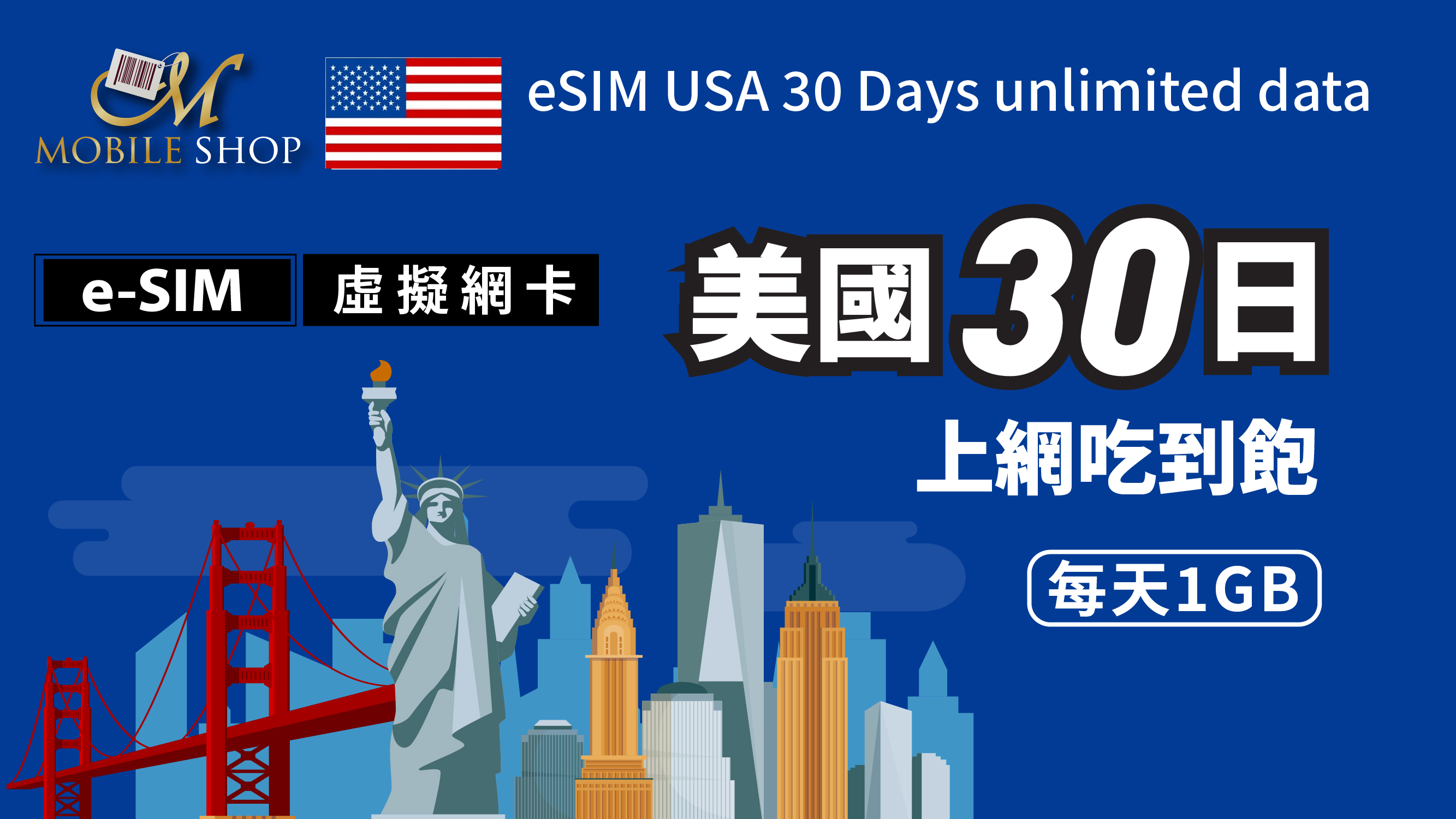 e-SIM_美國30日/每日1GB吃到飽