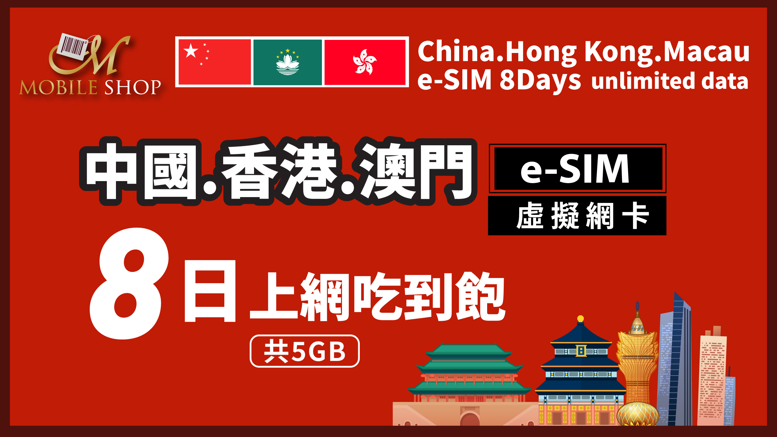 eSIM_China.Hong Kong.Macau-8Days/5GB unlimited data