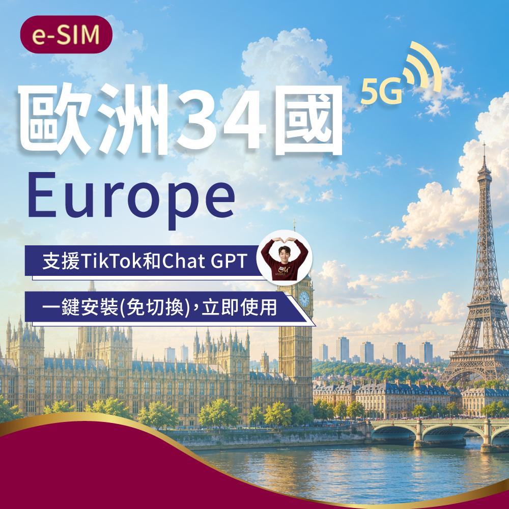 eSIM歐洲34國 5-30日